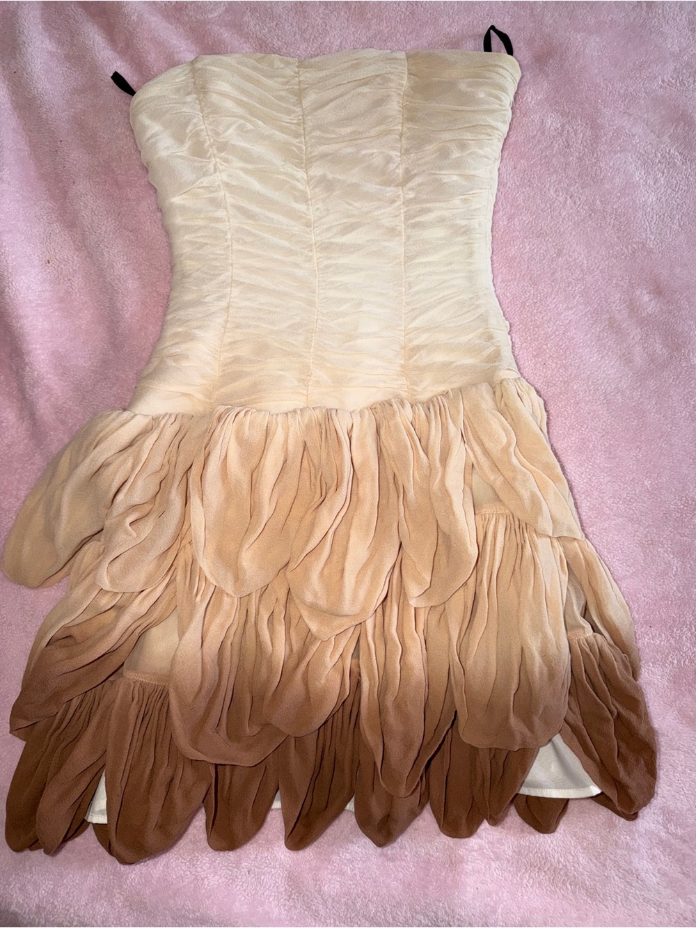 bebe Strapless Ombre Cream to Brown Petal-Hem Dress